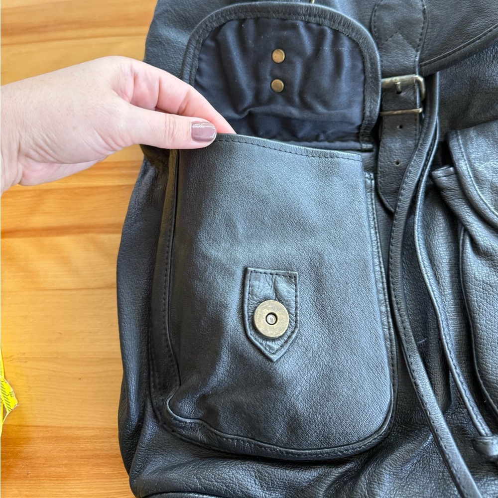 90s Black Leather Drawstring Backpack - Picture 2 of 8